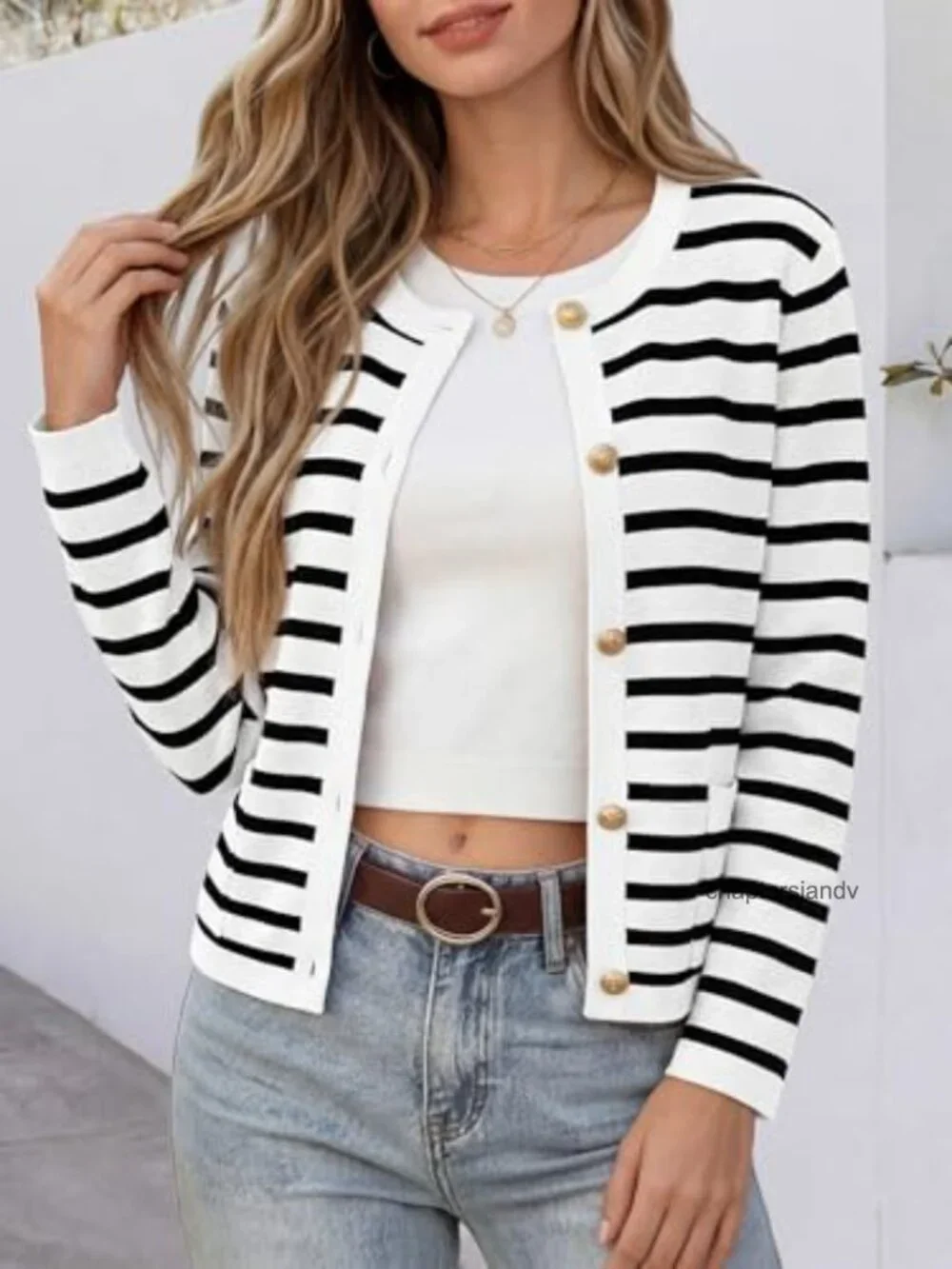 Women's Button Down Cropped Striped Cardigan Sweater Long Sleeve